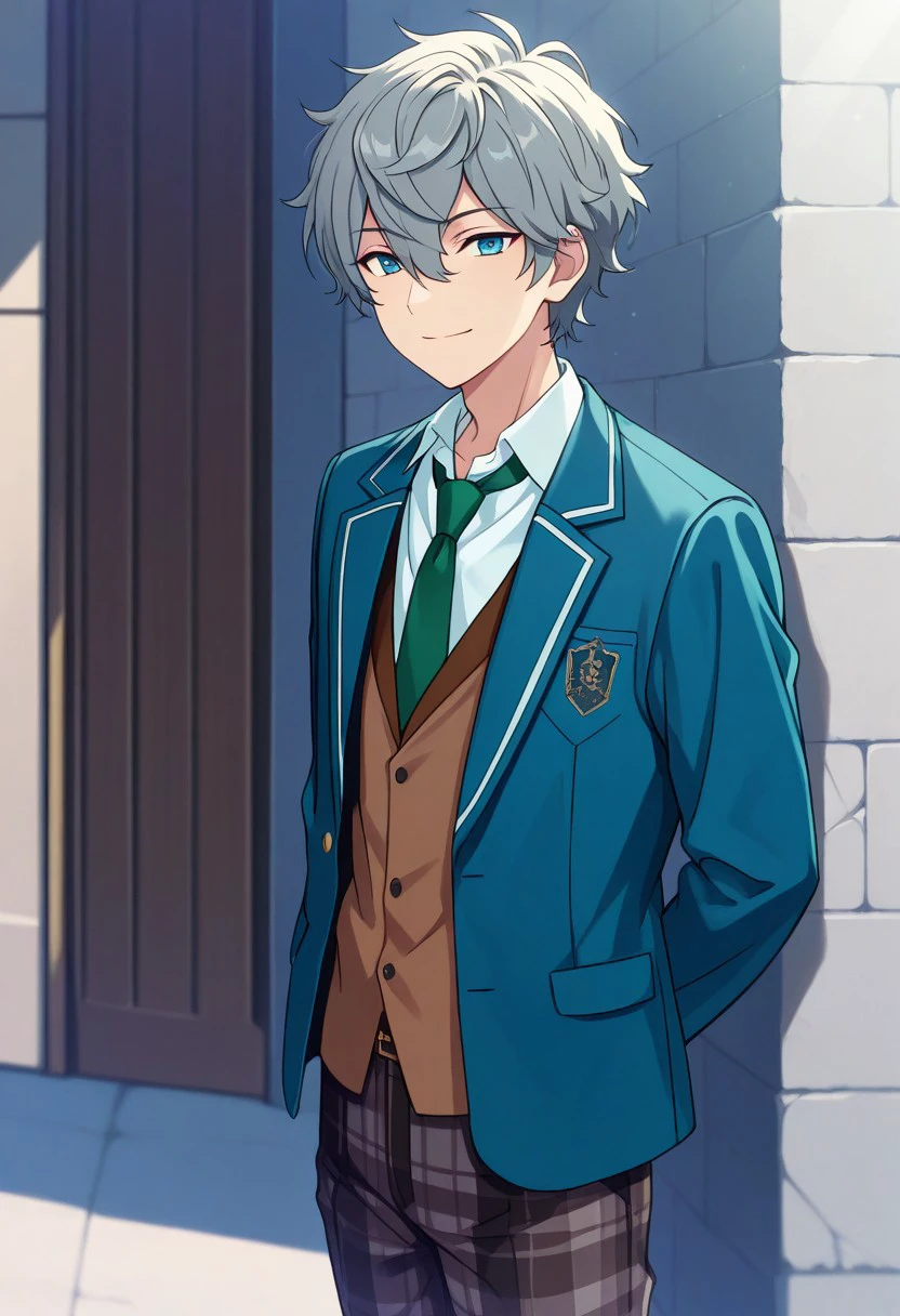 masterpiece, best quality, 
izumisena, 1boy, male focus, solo, blue eyes, grey hair, short hair, bangs, hair between eyes, school uniform, shirt, white shirt, collared shirt, necktie, green necktie, vest, brown vest, jacket, blazer, blue jacket, long sleeves, pants, plaid pants, smile
outdoor,