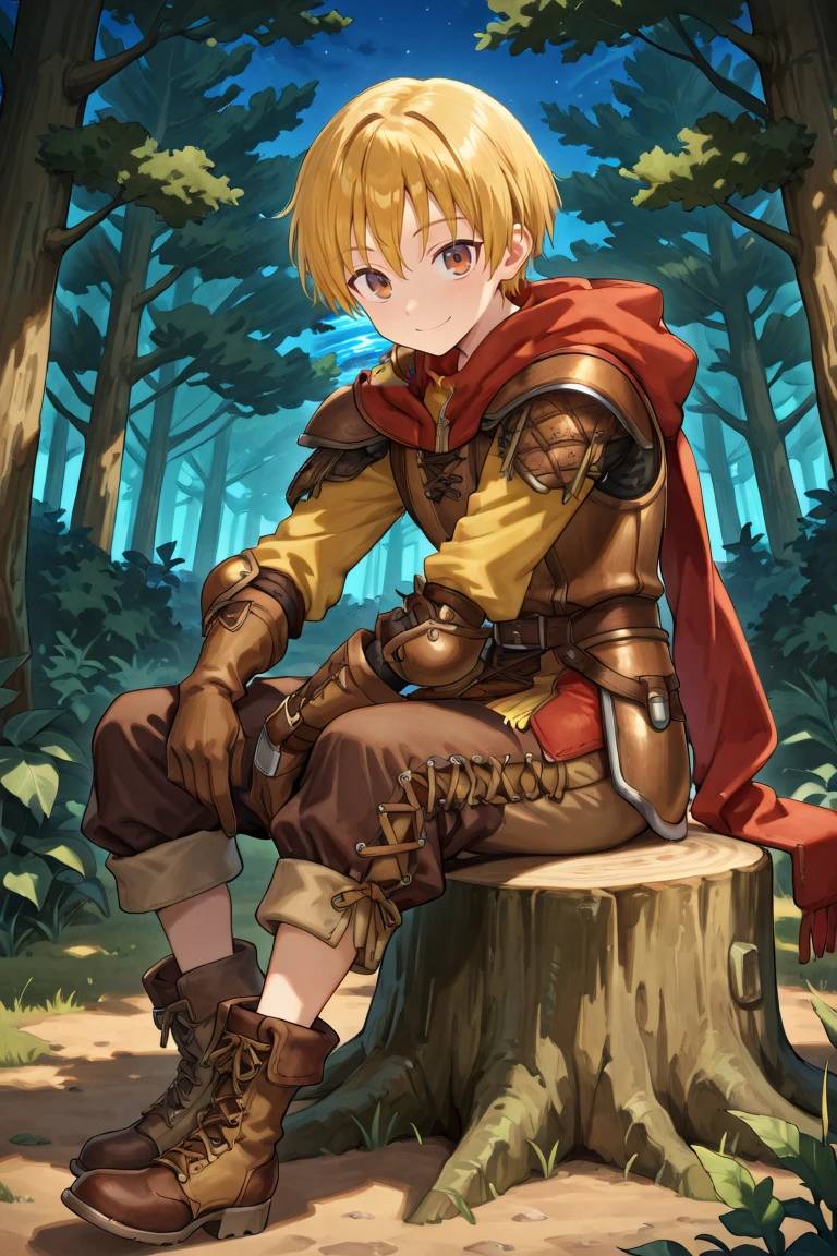 <lora:Canaan:0.9> , CaDef, solo, 1boy, brown eyes, short hair, blonde hair, red hood, hood down, shoulder pads, elbow pads, armor,  brown pants, capri pants, brown armor, cross-laced clothes, yellow sleeves, brown gloves, gloves, armored boots, brown boots, boots, full body, sitting, on stump, smile, closed mouth, exterior, night, forest, looking at viewer,  solo, masterpiece, very aesthetic, absurdres, best quality, amazing quality, high resolution, detailed background, <lora:illustrious_quality_modifiers_masterpieces_v1:0.8> , <lora:ChamIllustriousBackgroundEnhancer:0.5>