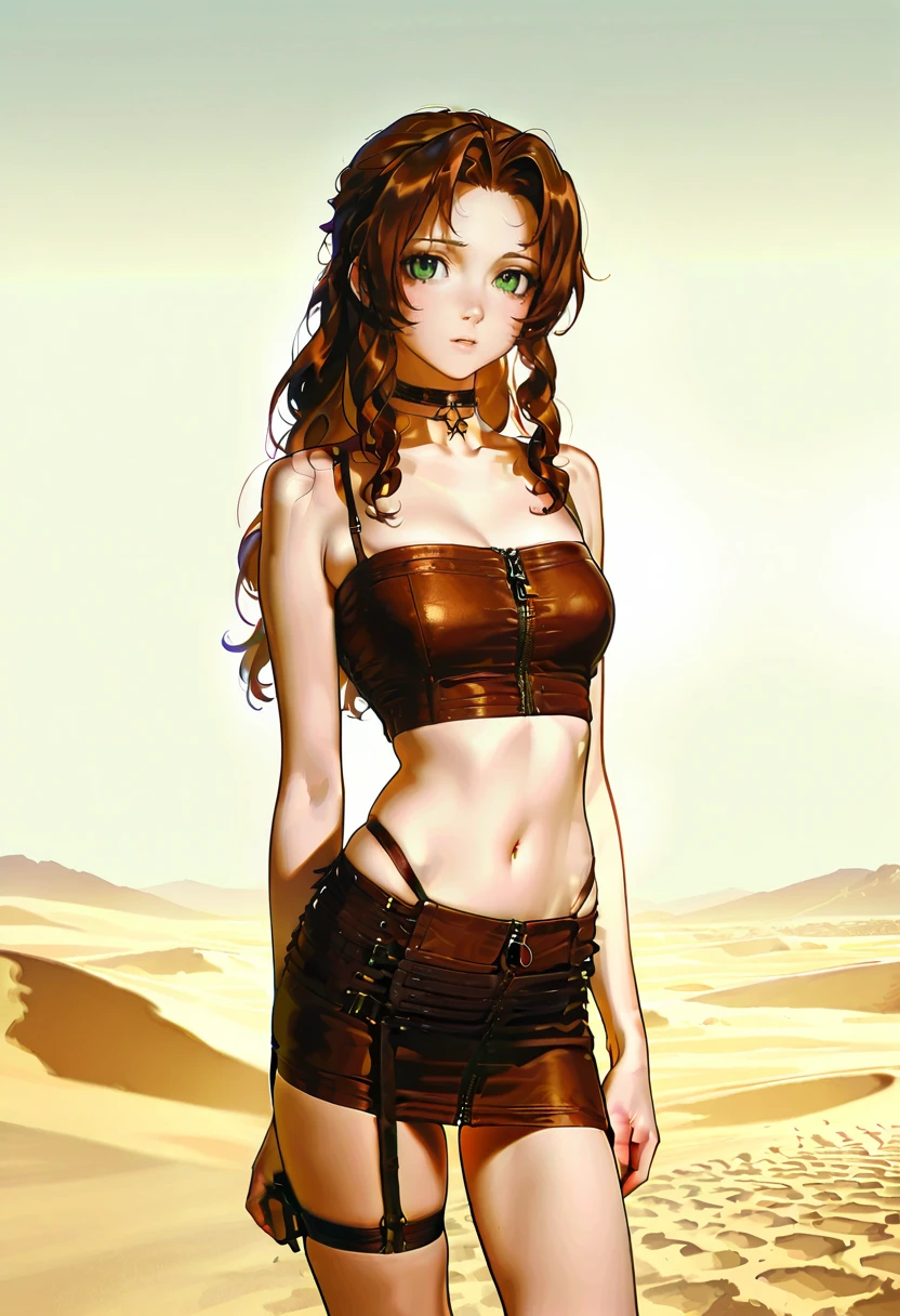 1girl,solo,looking at viewer,ikeda ruriko, desert,echo lingerie, skirt, zipper, choker, midriff, aerith_gainsborough