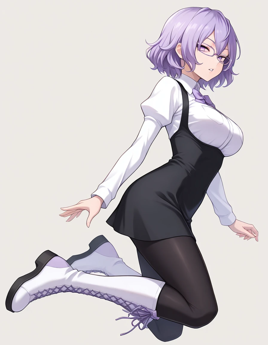 masterpiece, best quality, 1girl, <lora:Mirei_Mikagura_IL_v2:0.8>, mikaguramirei, medium hair, purple hair, purple eyes, no pupils, glasses, purple glasses, bow, layered clothes, white shirt, long sleeves, black dress, short dress, black leggings, knee boots, lace-up boots, white boots, looking at viewer, parted lips, from side, jumping