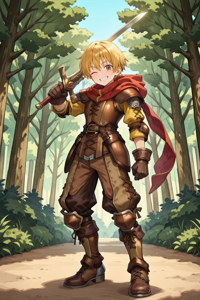 <lora:Canaan:0.9> , CaDef, solo, 1boy, brown eyes, short hair, blonde hair, red hood, hood down, shoulder pads, elbow pads, armor,  brown pants, capri pants, brown armor, cross-laced clothes, yellow sleeves, brown gloves, gloves, armored boots, brown boots, boots, full body, winking, looking at viewer, smile, grin, exterior, forest, pointing sword at viewer, holding sword, sword, looking at viewer,  solo, masterpiece, very aesthetic, absurdres, best quality, amazing quality, high resolution, detailed background, <lora:illustrious_quality_modifiers_masterpieces_v1:0.8> , <lora:ChamIllustriousBackgroundEnhancer:0.5>