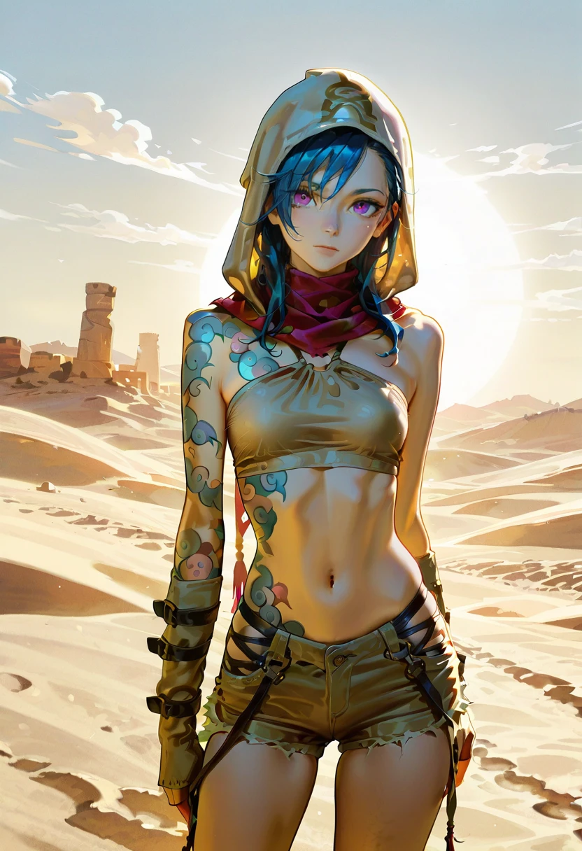 1girl,solo,looking at viewer,ikeda ruriko, desert, hood, shorts, scarf,midriff,halter top, jinx_(league_of_legends)