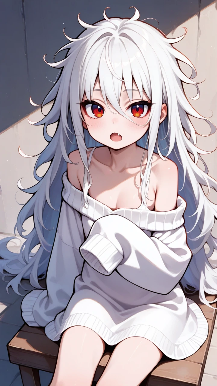 alchilia01f1,1girl,solo,long hair,white hair,white clothes,NO.6,messy hair,dress,sweater,looking at viewer,off shoulder,breasts,simple background,open mouth,bare shoulders,cleavage,flat chest,sitting,sleeves past wrists,long sleeves,sleeves past fingers,fang,collarbone,
masterpiece,best quality,amazing quality,very aesthetic,absurdres,newest,