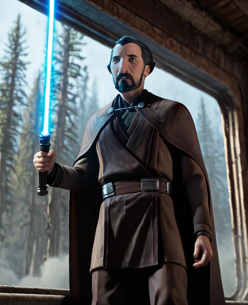 highly detailed, realistic, fine fabric detail, absurdres, highly-detailed, best quality, masterpiece, very aesthetic, photorealistic, perfect eyes,   <lora:Younger_Count_Dooku_Illustrious:1> forest scenery, battle, solo, Younger-Dooku, beard, mustache, 1boy, Star Wars, science fiction, realistic, dust, window, upward lightsaber, cape, perfect hands