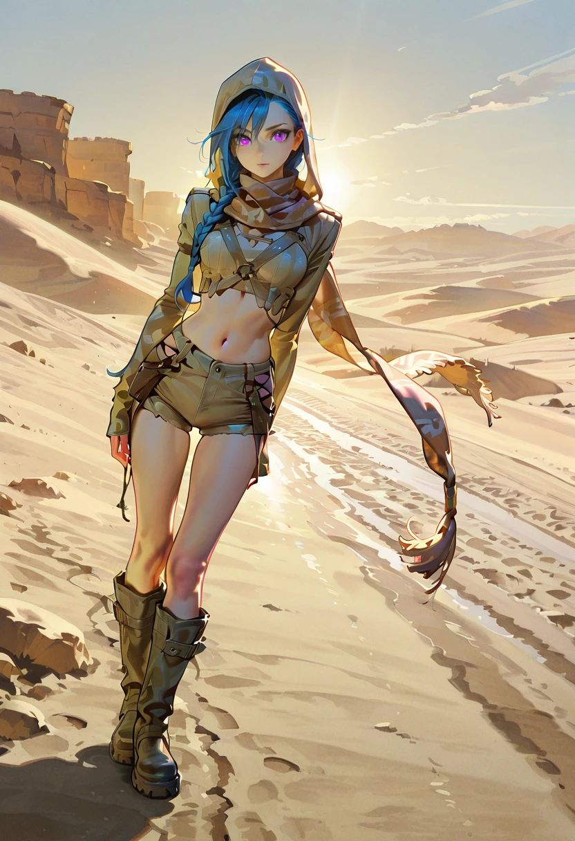 1girl,solo,looking at viewer,ikeda ruriko, desert, hood, boots, shorts, scarf,midriff,jinx_(league_of_legends)