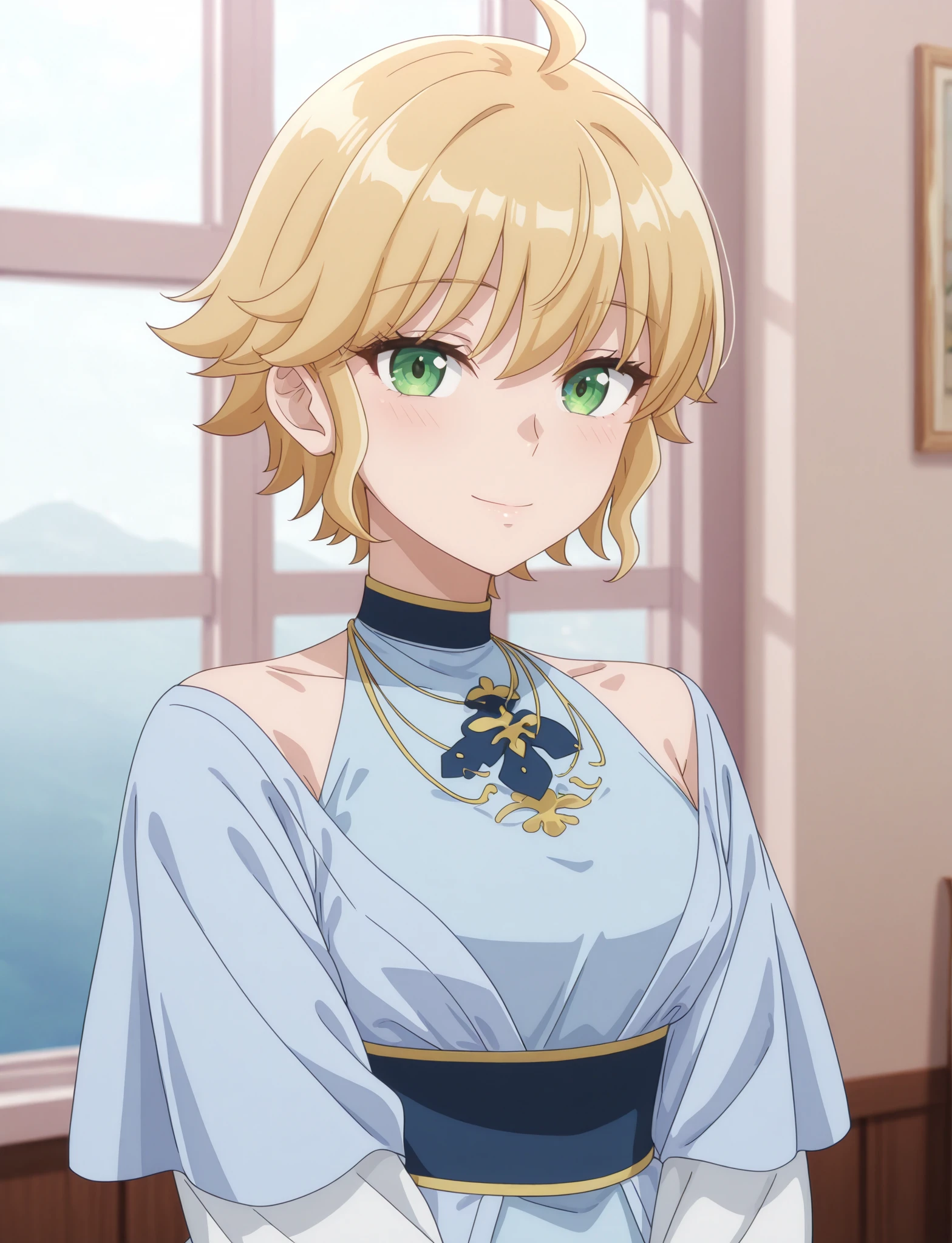 masterpiece, best quality, newest, absurdres, highres, anime screencap, 1girl, solo, <lora:MLF-Yuno_ILL_epoch_10:1> yuno-mlf, blonde hair, green eyes, short hair, ahoge, tomboy, 
dr3ss, dress, light blue dress, looking at viewer, light blush, light smile,