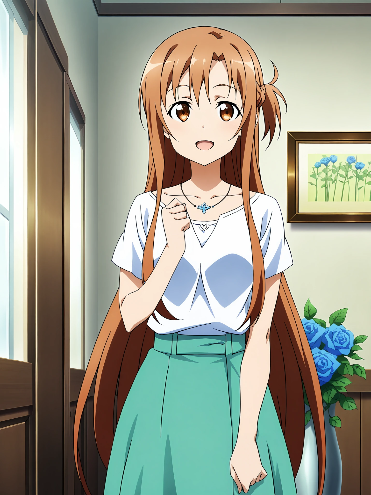 score_9, score_8_up, score_7_up, source_anime,anime screencap, anime coloring, official style,
 <lora:3-in-1_Asuna_Yuuki_Suguha_Kirigaya_and_Kirito_Kazuto_Kirigaya_Sword_Art_Online_-_PonyV2:.8>
Asuna Yuuki (character), 1girl, long hair, asuna (sao), skirt, solo, brown eyes, very long hair, brown hair, collarbone, blue flower, standing, shirt, indoors, long skirt, looking at viewer, flower, jewelry, white shirt, blue skirt, smiling, :D, mouth open, cowboy shot, medium skirt, twintails, blue rose, necklace, short sleeves, green skirt, rose,
<lora:N0R3AL_PDXL:1> N0R3AL_PDXL