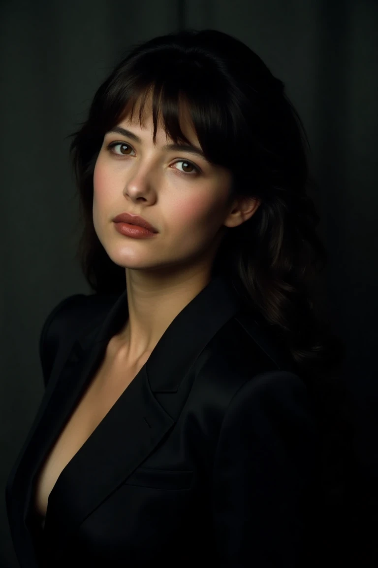 Create a close-up, high-fashion portrait of a woman with striking eyes and a calm, confident expression. She wears a sophisticated black outfit that exudes elegance and minimalism. The background is a smooth gradient of dark gray, enhancing the overall refined and contemporary aesthetic. The lighting is soft yet directional, highlighting her flawless complexion and subtle makeup, with a focus on her eyes and cheekbones. The mood of the portrait is polished, modern, and artistic. She has a medium black hair with parted bangs.