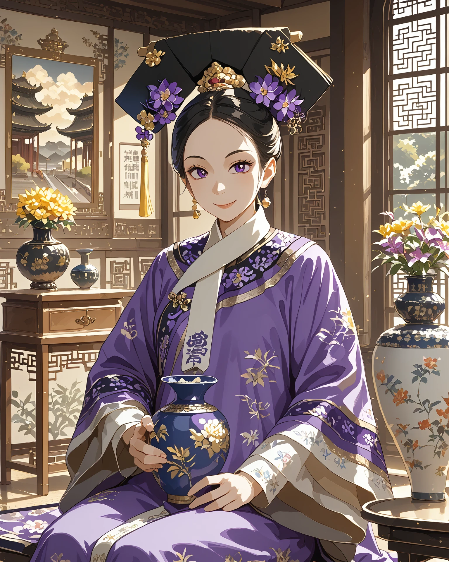 1girl, qingfa, (qingfa scarf), holding a vase, ornate clothing, flowers, asian sitting room, wood panel wall, purple clothing, gold accents, light_smile, intricate patterned fabric, brocade, jacquard fabric, masterpiece, highest quality, absurdres, digital art, very detailed, score_9, score_8_up, score_7_up, evening,  <lora:QingFashion_XL_V3:1.1>,  <lora:harada_takehito_PDXL:1> harada takehito