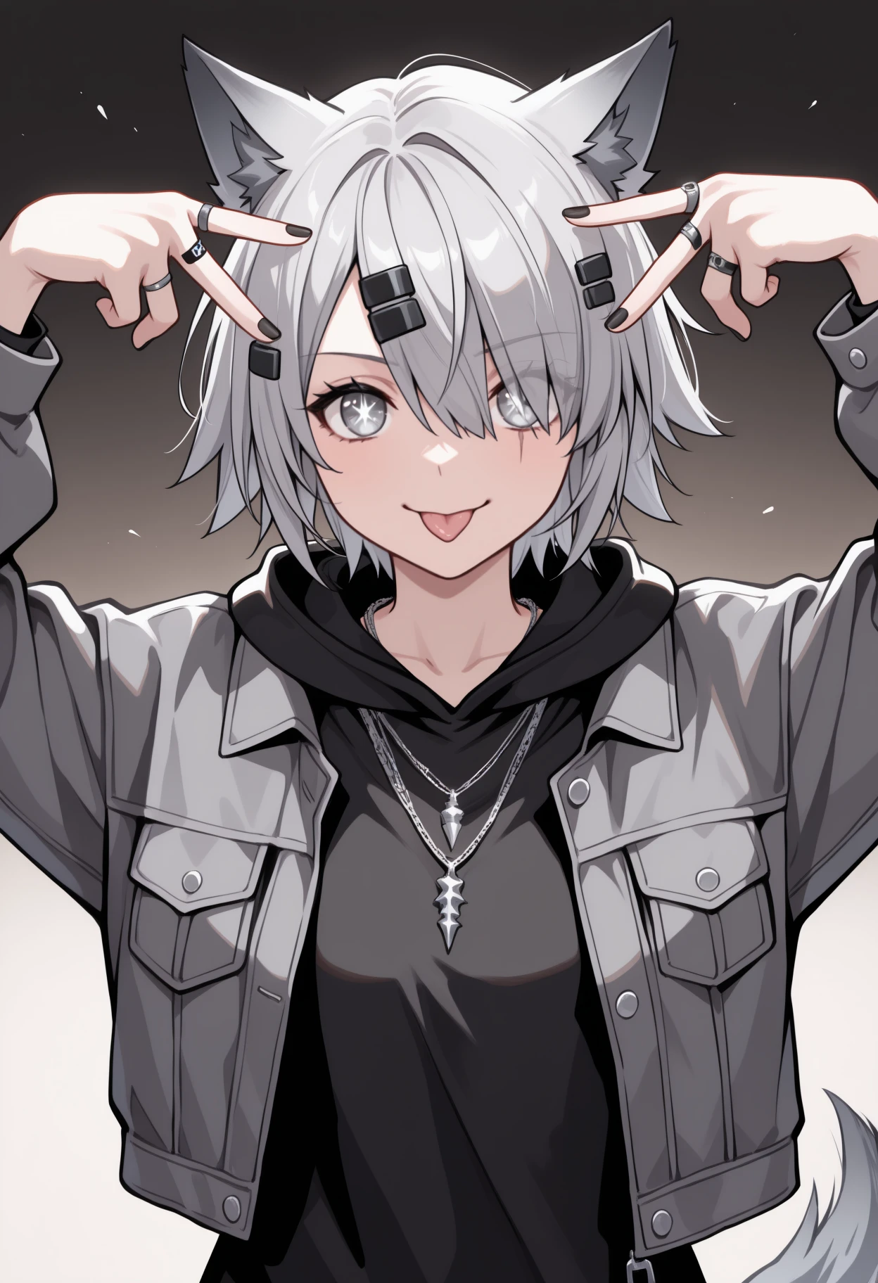 masterpiece, best quality, upper body, solo, 1girl, lpdsynth, aihsnpose, smile, tongue out, double v, star-shaped pupils, scar across eye, grey tail, wolf tail, short hair, grey hair, hair between eyes, hair over one eye, hairclip, animal ears, grey eyes, grey jacket, open jacket, long sleeves, black hoodie, hood down, necklace, ring, black nails
 <segment:yolo-Anzhc Face seg 640 v2 y8n.pt,0.4,0.5//cid=1>