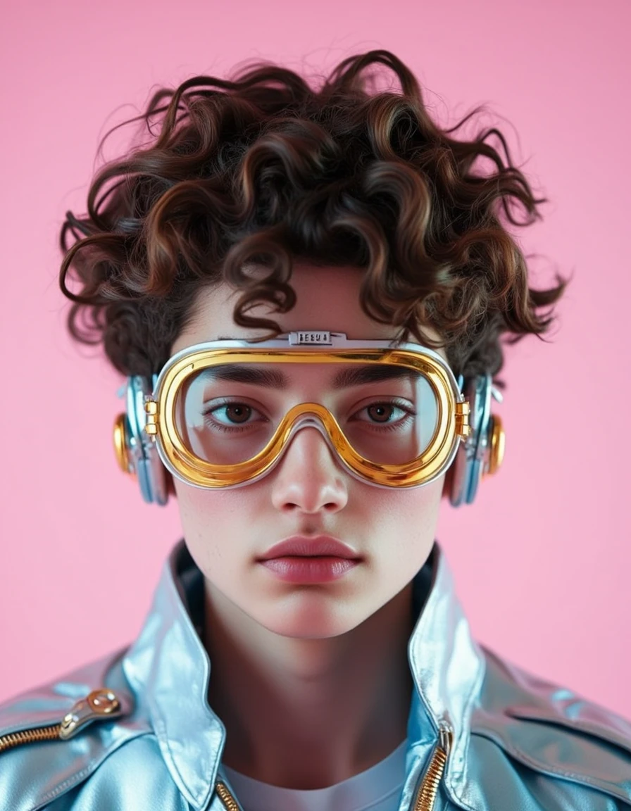 tudio_Punkji, The image is a close-up portrait of a young man with curly hair. He is wearing a futuristic-looking outfit with a metallic blue and silver color scheme. The outfit has a high collar and a zipper on the left side. The man is also wearing a pair of gold-framed goggles with clear lenses. The goggles have a futuristic design with a curved shape and a small gold button on the side. He has a serious expression on his face. The background is a soft pink color. The overall mood of the image is futuristic and edgy. <lora:Real_Faceji_V1:0.5> <lora:Studio_Punkji:0.85>