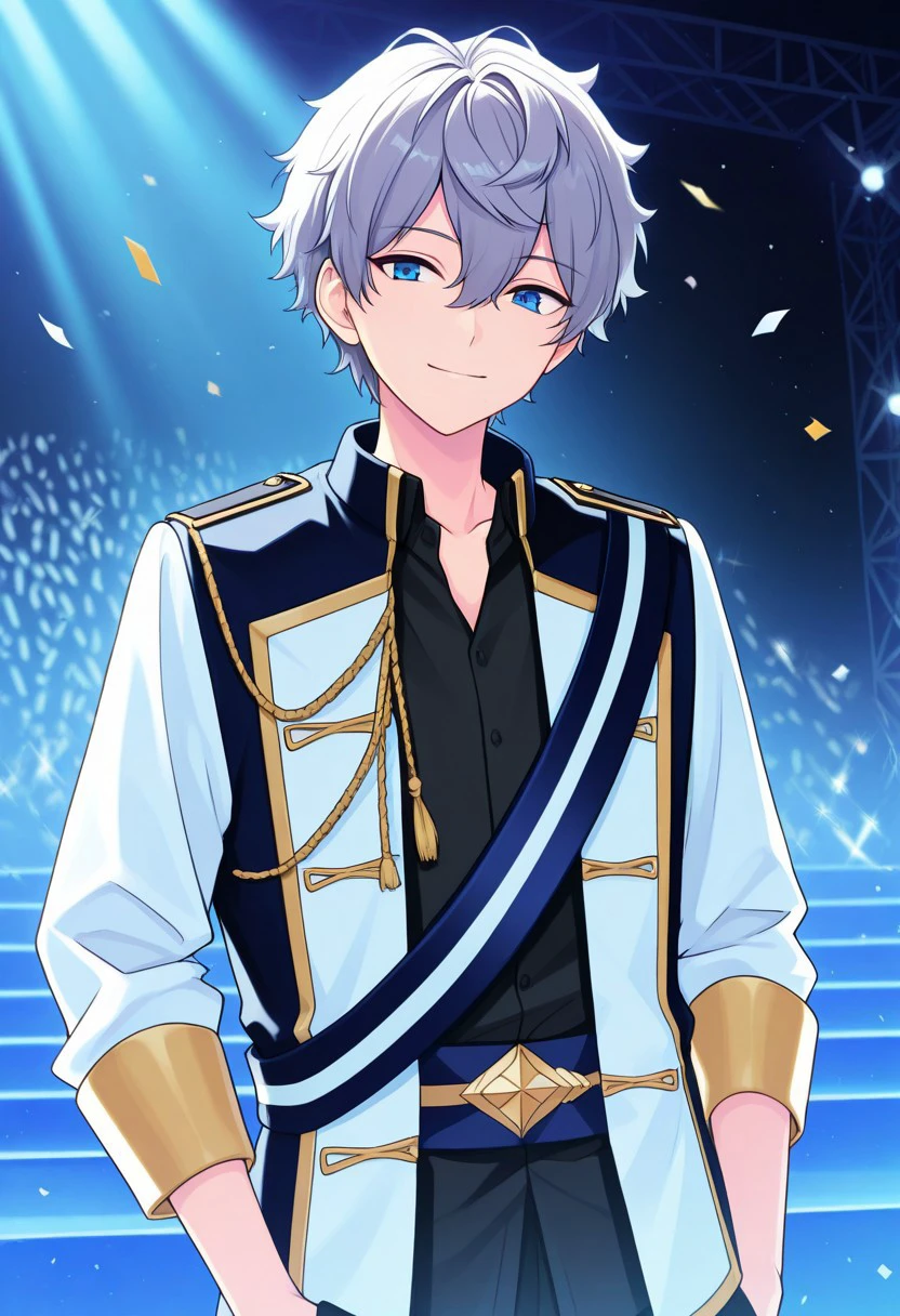 masterpiece, best quality, 
izumisena, 1boy, male focus, solo, blue eyes, grey hair, short hair, bangs, hair between eyes, knights uniform, shirt, black shirt, collared shirt, jacket, white jacket, long sleeves, open jacket, open clothes, aiguillette, sash, blue sash, smile, charming,
indoor, stage, lights, confetti,