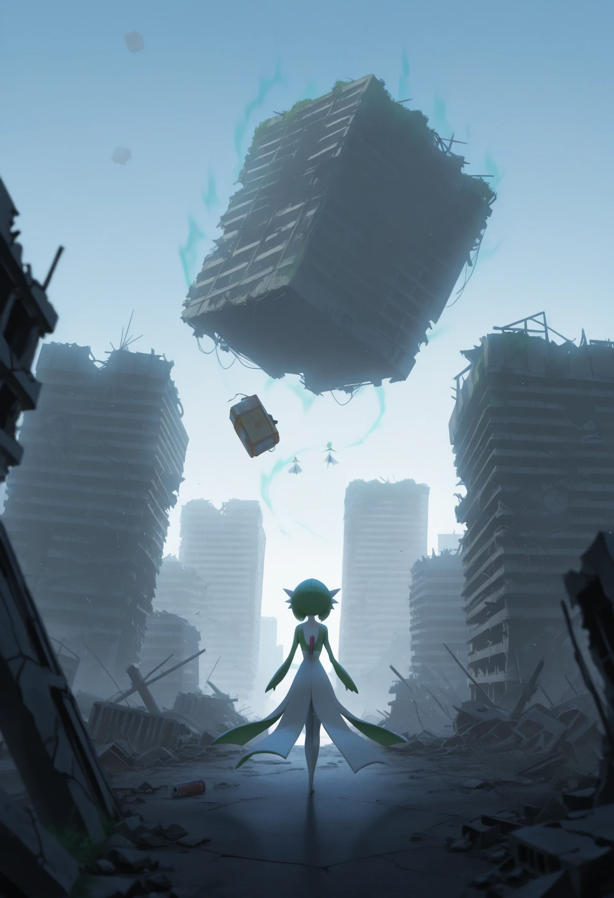 masterpiece, best quality, 2.5D,  
<lora:telekenesis [IL]:0.9> telekenesis,   outstretched arms, aura,
||1.  (floating building, ruins, post-apocalypse),
gardevoir, pokemon, pokemon_(creature)