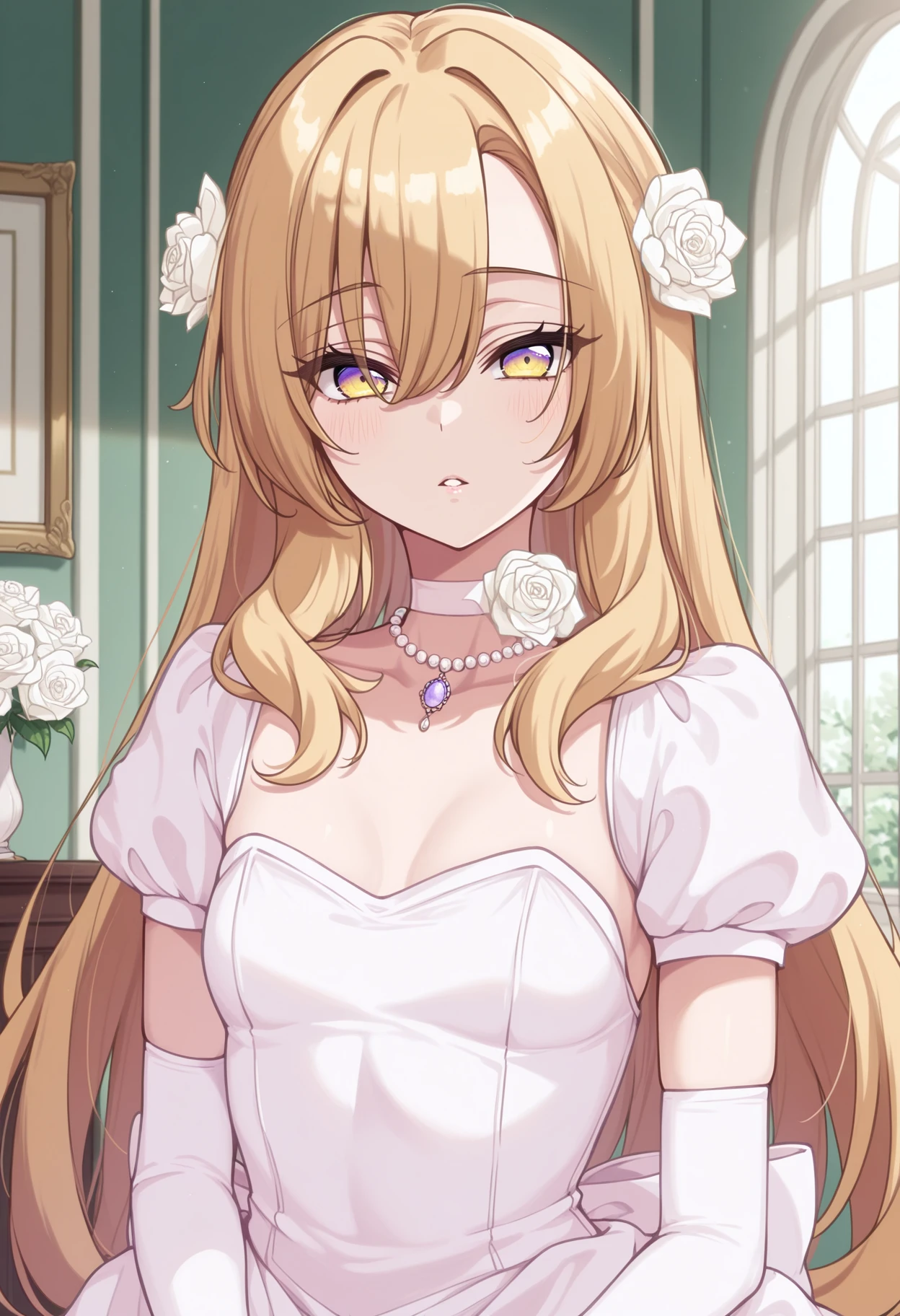 masterpiece, best quality, <lora:NSIzumiSenaLoveStage:1>,1girl, NSIzumiFem, multicolored eyes, yellow eyes, purple eyes, blonde hair, long bangs, long hair, sidelocks, small breasts, flower choker, white choker, pearl necklace, pendant, hair flower, white flower, white rose, elbow gloves, white gloves, wedding dress, parted lips, looking at the viewer, indoors, wedding isle