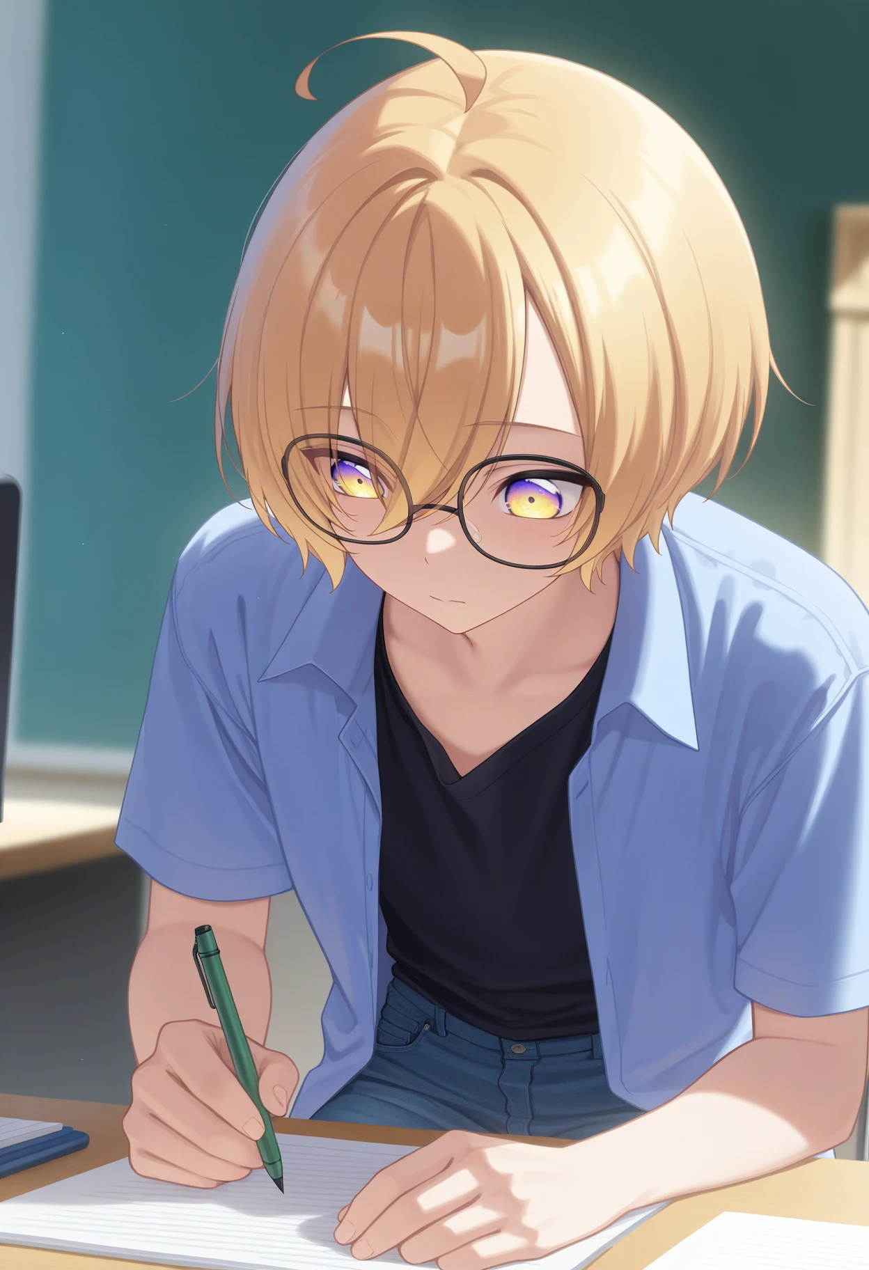 masterpiece, best quality, solo, <lora:NSIzumiSenaLoveStage:1> 1boy, NSIzumiMisc, multicolored eyes, yellow eyes, purple eyes, blonde hair, long bangs, short hair, ahoge, blue collared shirt, open shirt, black t-shirt, jeans, glasses, writing, desk