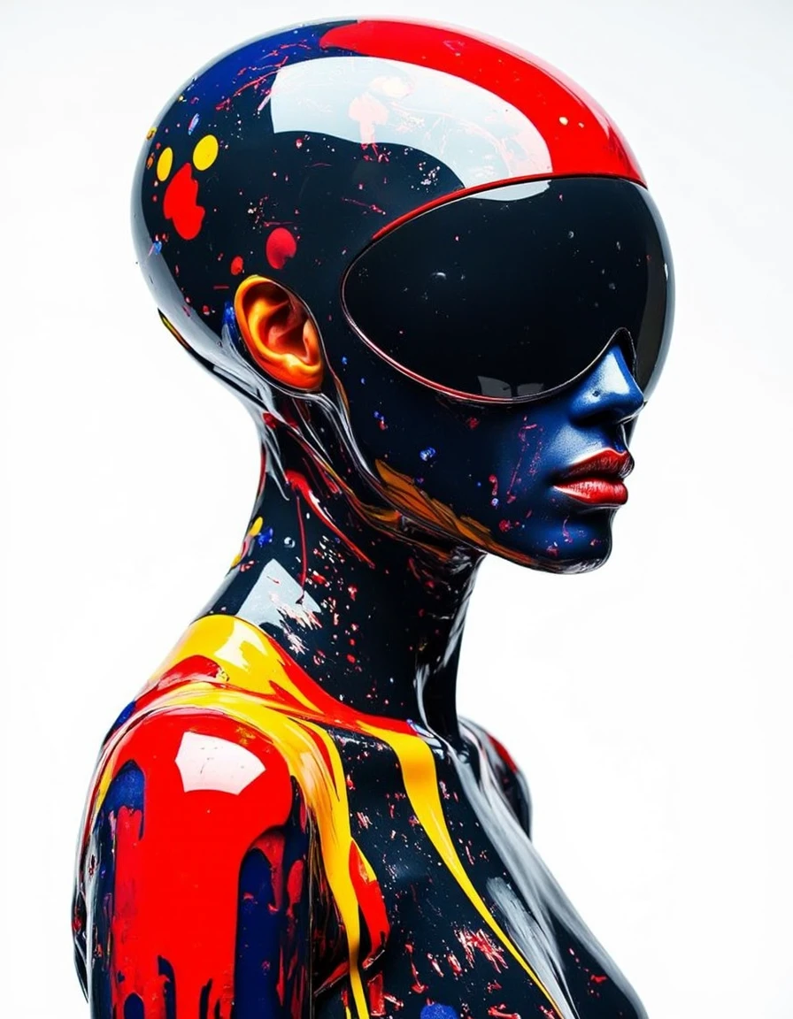 Studio_Punkji, A  realistic photogrph that appears to be a close-up portrait of a woman's face and upper body. she is wearing a futuristic helmet,The focal point of the image is the head and neck of the woman, which is covered in a thick layer of black paint. The paint is splattered in various colors, including red, blue, orange, and yellow, creating a chaotic and dynamic composition. The colors blend together to create a sense of depth and dimension, with the red and blue being the dominant colors. The orange and yellow being the most prominent, while the blue and red being the smallest. The black paint is dripping down the sides of the face and neck, creating an abstract and dynamic look. The woman's lips are slightly parted, as if she is about to speak. The background is a plain white, making the colors of the paint stand out even more <lora:Real_Faceji_V1:0.5> <lora:Studio_Punkji:0.85>