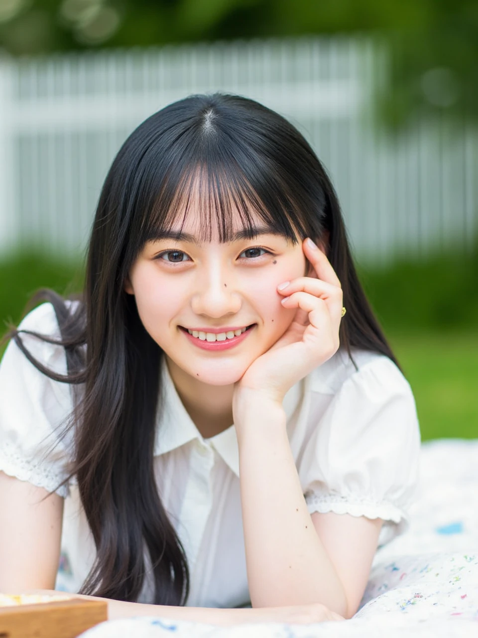 The image is a portrait of a young Asian woman named sakutan lying on a picnic blanket. She is wearing a white blouse with a floral pattern and has long black hair with bangs. Her hand is resting on her chin and she is looking directly at the camera with a slight smile. The background is blurred, but it appears to be an outdoor setting with greenery and a white fence. The overall mood of the image is peaceful and relaxed.