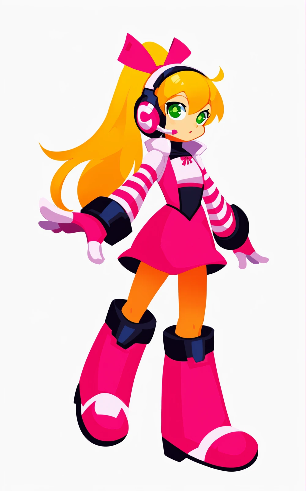 score_9, score_8_up, score_7_up,((best quality)), absurdres, ((full body)), <lora:BolivanteStyle:0.8>, <lora:CMN9PXL:0.8>,CMN9PXL, hair ribbon, ponytail, boots, headphones, knee boots, headset, striped sleeves, dress, skirt, multicolored dress, green eyes, pink dress, pink boots, long hair,blonde hair, gloves, ribbon, white background