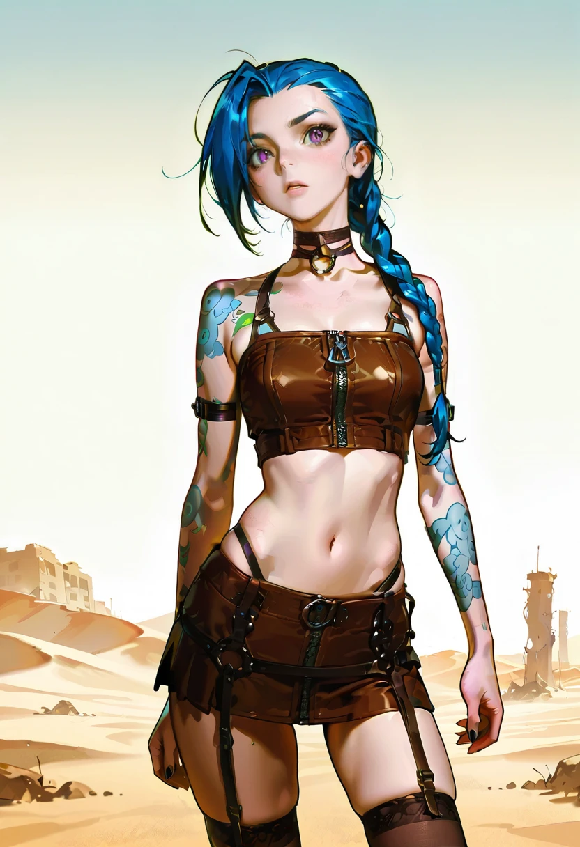 1girl,solo,looking at viewer,ikeda ruriko, desert,echo lingerie, skirt, zipper, choker, midriff, jinx_(league_of_legends),post-apocalypse,