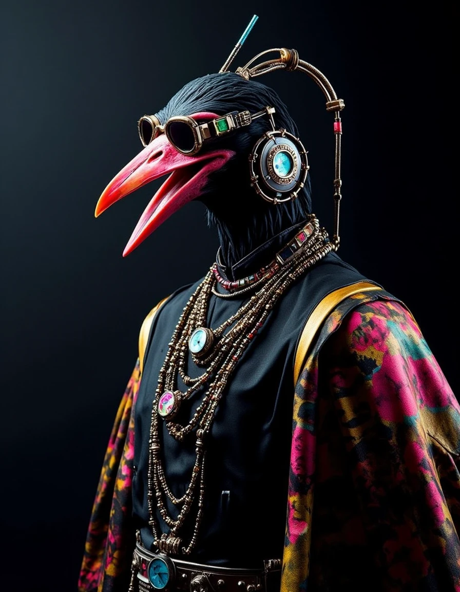 Studio_Punkji, The image is a realistic photograph that showcases a roaring futuristic punk bird dressed in a black dress. his feathres  are colorful ,In studio with simple backgound, beauty lighing. <lora:Studio_Punkji:0.85>