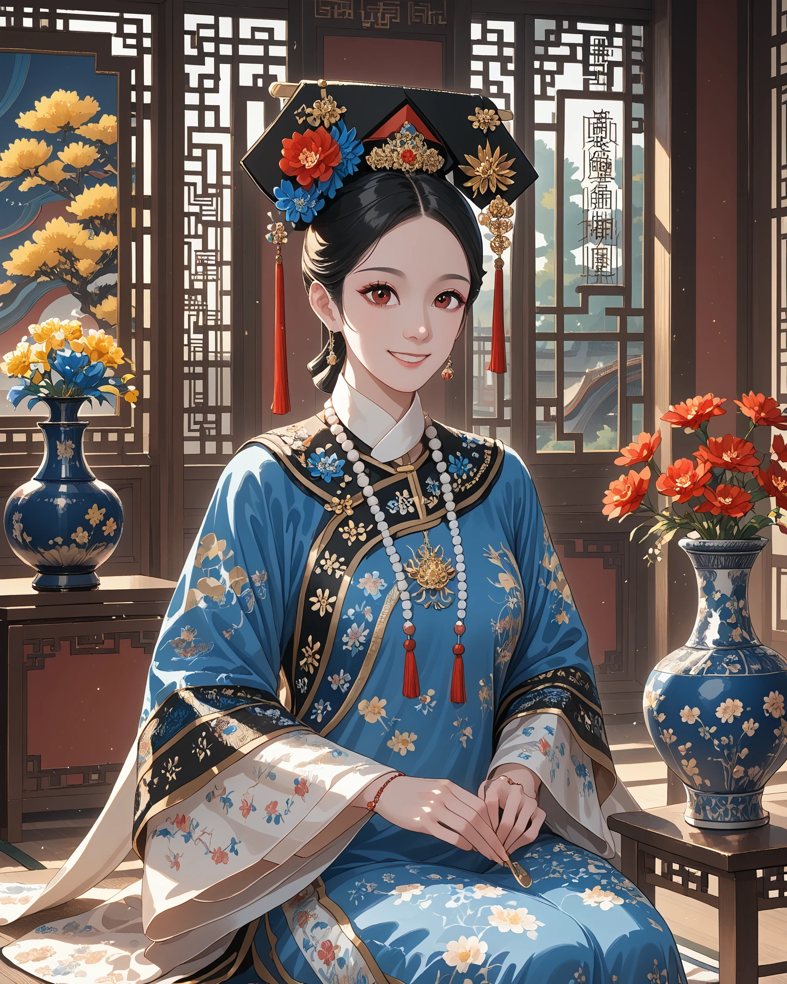 1girl, qingfa, qingfa scarf, holding a vase, ornate clothing, flowers, asian sitting room, wood panel wall, red and blue clothing, necklace, light_smile, intricate patterned fabric, brocade, jacquard fabric, masterpiece, highest quality, absurdres, digital art, very detailed, score_9, score_8_up, score_7_up, evening,   <lora:CMRNM:1> CMRNM,  <lora:QingFashion_XL_V3:1>