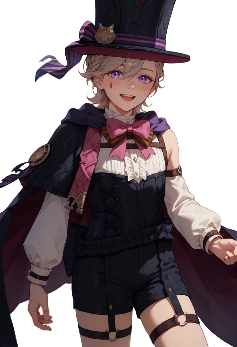 score_9, score_8_up, score_7_up, score_6_up, score_5_up, score_4_up, masterpiece, ultra-detailed, high resolution,

lyney, hat, male focus, 1boy, shorts, braid, solo, cape, top hat, black shorts, detached sleeves, looking at viewer, white background, purple eyes, shirt, white shirt, open mouth, bow, long sleeves, bowtie, simple background, blush, corset, smile