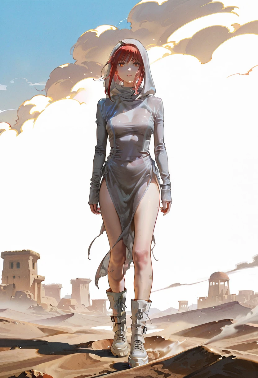 1girl,solo,looking at viewer,ikeda ruriko, desert,tr dress, see-through, hood, hood up, boots, white footwear, bandages, makima_(chainsaw_man), dust storm