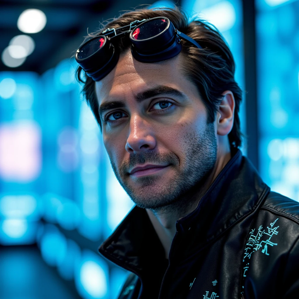 Midjourey, A close-up portrait of Jake Gyllenhaal as a cyberpunk hacker, illuminated by the glow of neon-blue holographic screens. His face is rugged with faint scars, one blue eye, and a single cybernetic eye glowing red, and sleek, dark goggles resting on his forehead. He wears a high-collared leather jacket with glowing circuitry patterns etched into the fabric. His expression is intense, a smirk hinting at confidence. The background is blurred, filled with data streams, flickering monitors, and holographic projections, creating a moody, high-tech ambiance. Intricate details and cinematic lighting enhance the futuristic aesthetic.