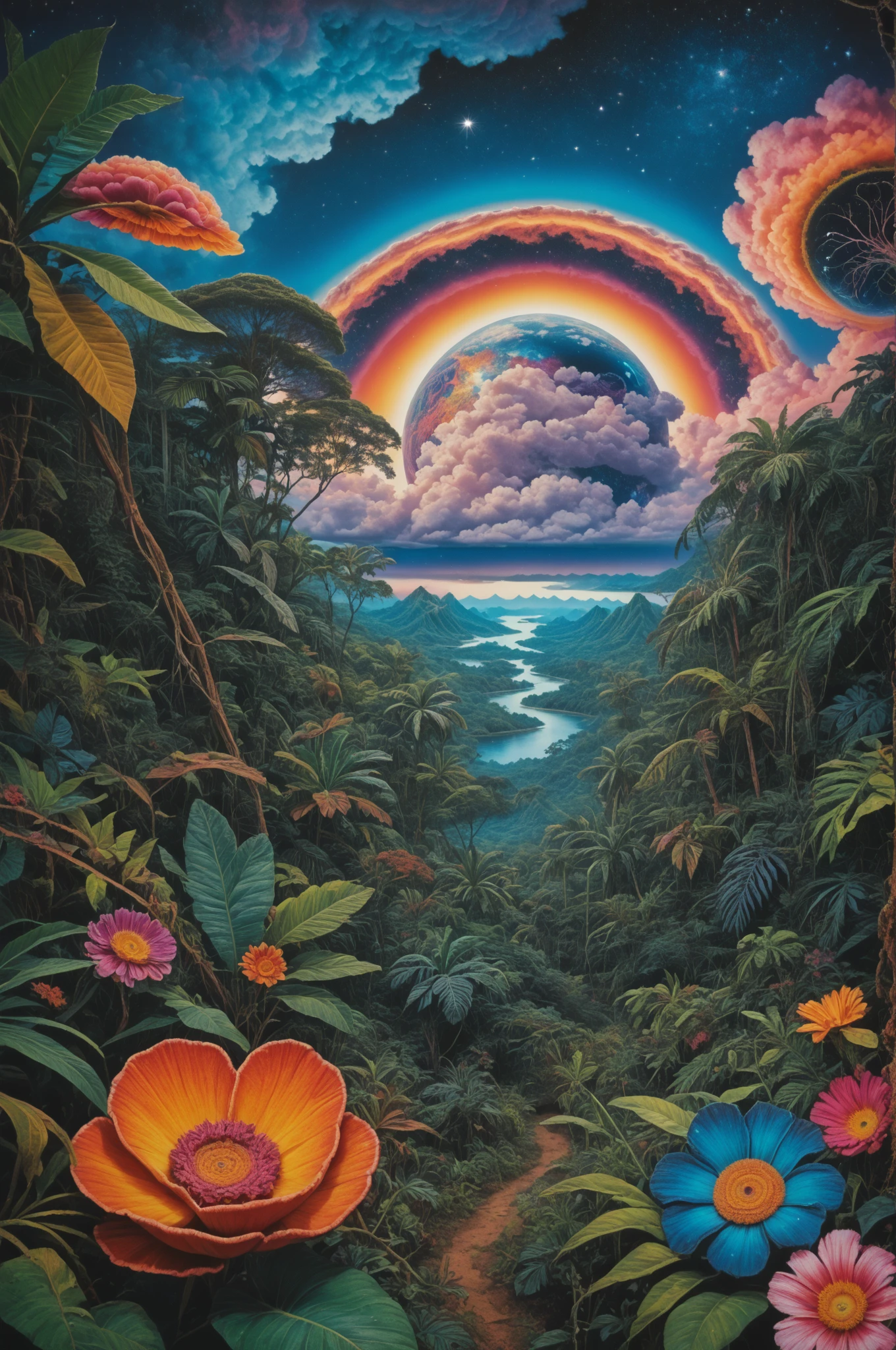 score_9, score_8_up, score_7_up, photo of <lora:psychedelic.landscape.PDXL_epoch_8:1>psychedelic landscape, outdoors, colorful sky, night, dark sky, cosmic, planets, stars, clouds, flowers, mountains, jungle, trees, vines, river, photo background, source_photo, ultra-detailed, (analog film grain), high quality, Fujifilm XT3