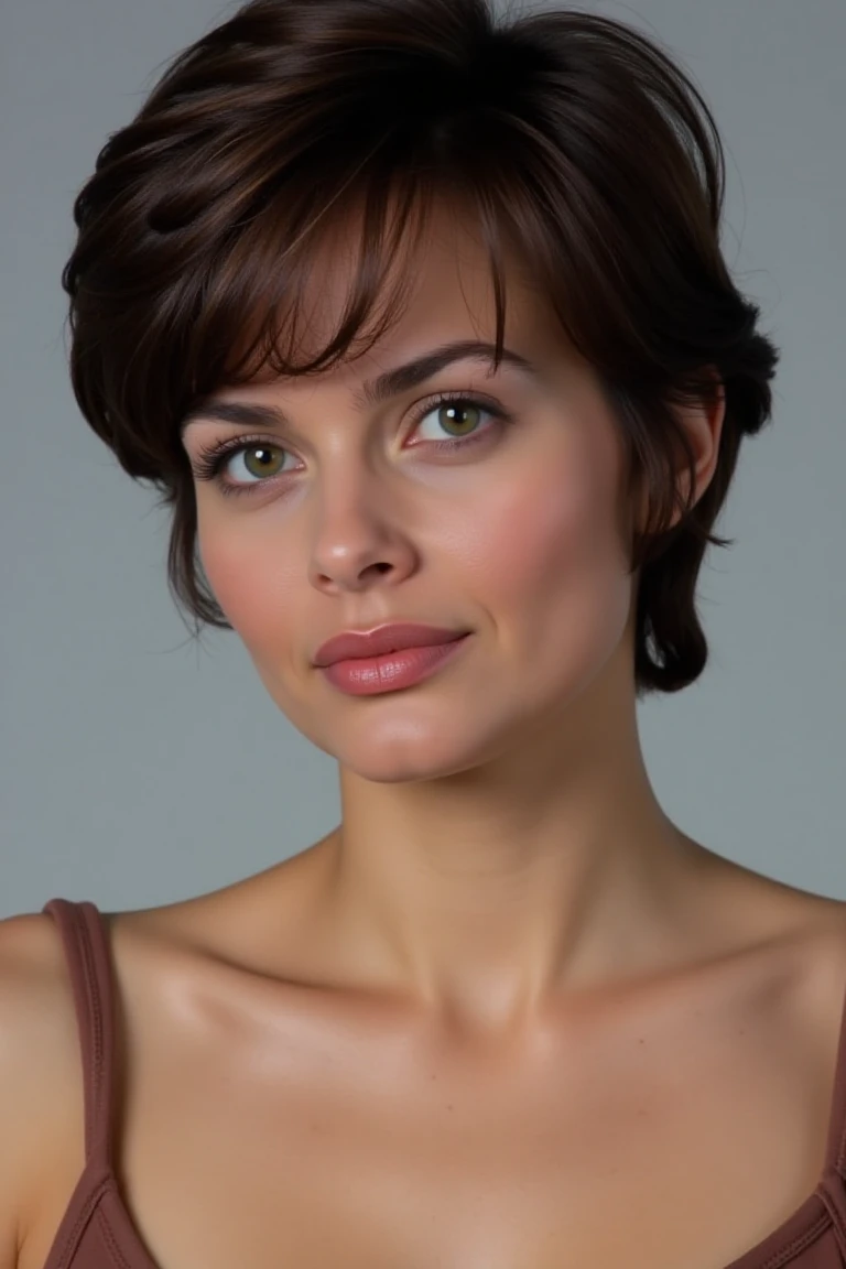 High quality realistic beauty shot of izaflx. A close-up shot of a short haired woman. She is wearing a camisole blouse. Her hair is tousled. The backdrop is a light gray.