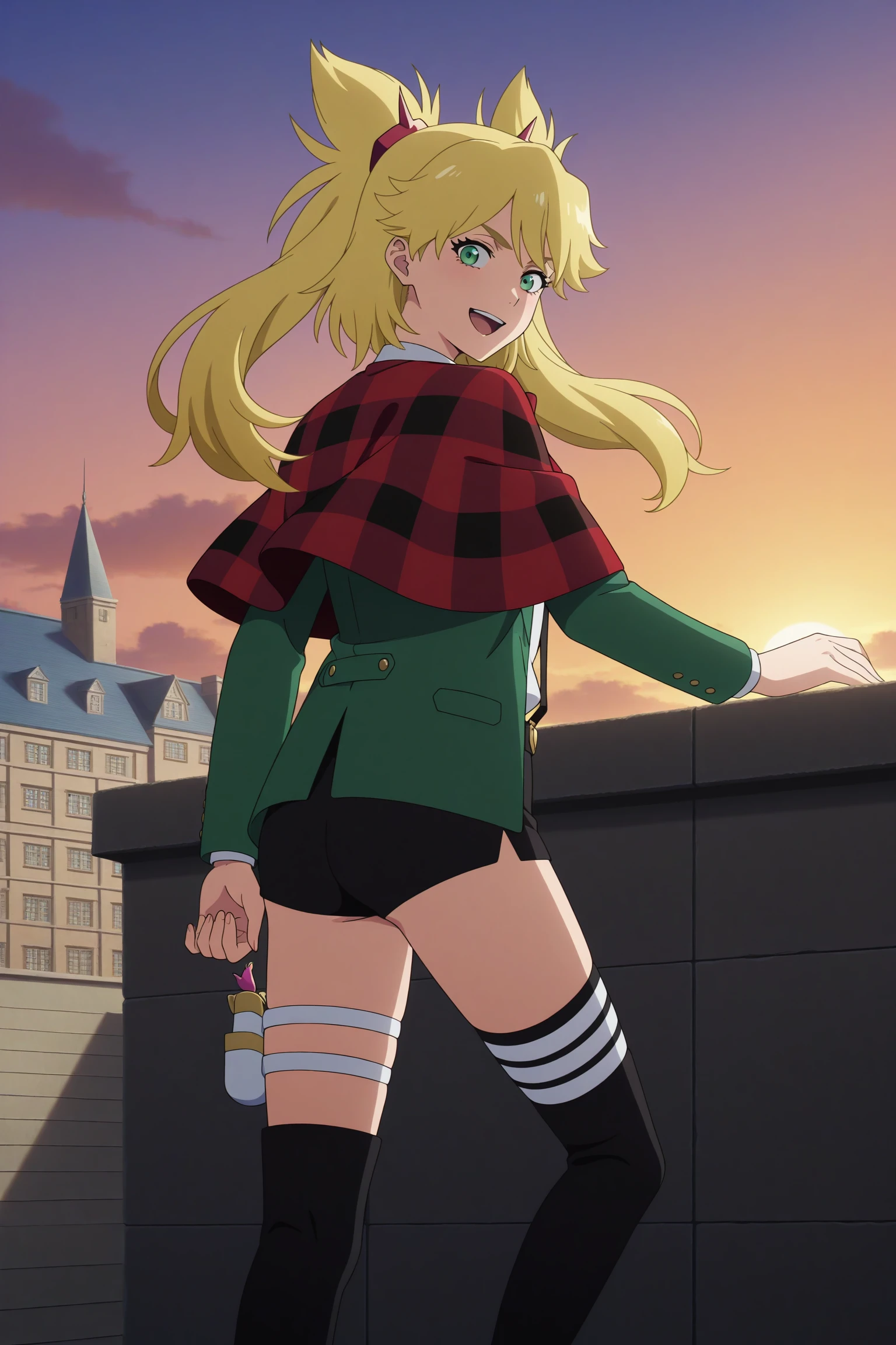 masterpiece, best quality, amazing quality, highres, absurdres, very aesthetic, high resolution, ultra detailed, perfect details, 1girl, looking at viewer, outdoors, european architecture, ninny spangcole, blonde hair, long hair, two side up, hair ornament, green eyes, green jacket, open jacket, white shirt, collared shirt, red bowtie, red capelet, plaid capelet, suspenders, black shorts, short shorts, white thigh holster, black footwear, thigh boots, <lora:Ninny_Spangcole_ILXL:0.8>, (aged up:1.2), (feet out of frame:1.5), sunset, anime coloring, (anime screencap:1.5), open mouth, smile, (pose:1.2), standing, roof, (from behind:1.4)