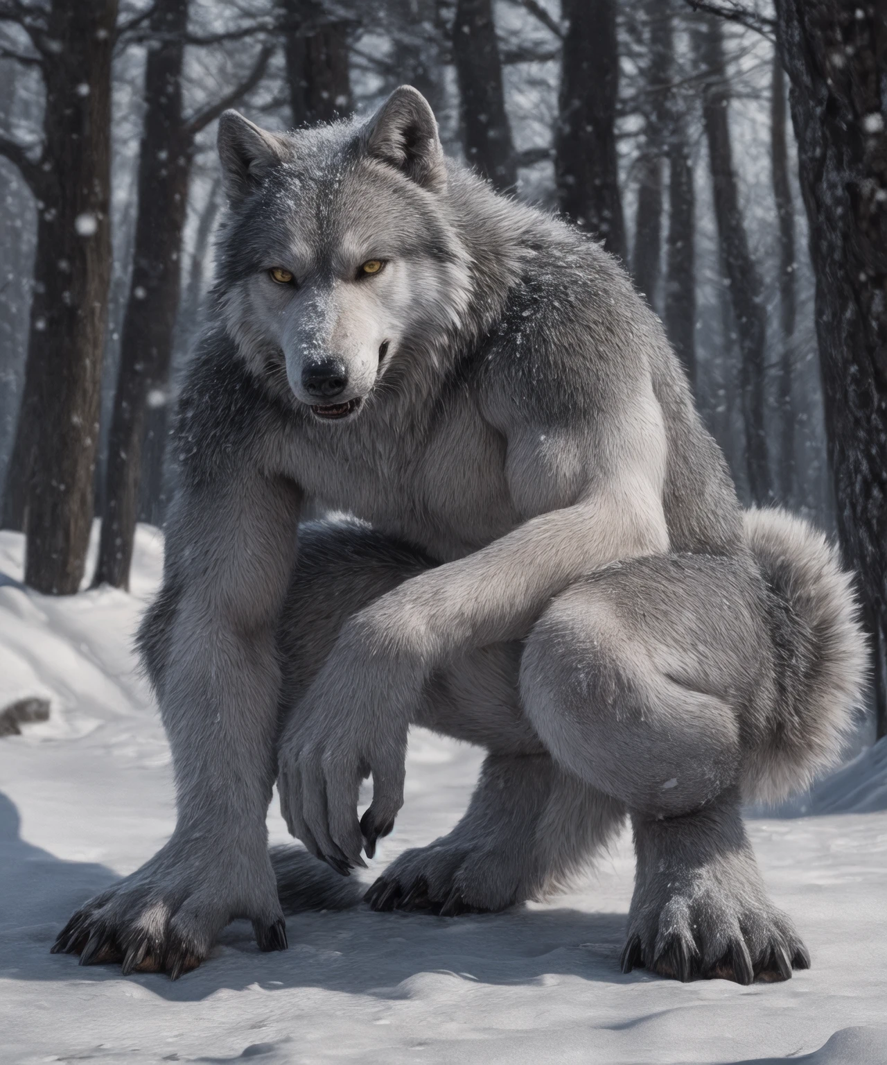 anthro male wolf, fluffy white fur, nude, scars, white fur, black claws, yellow eyes,  short tail
angry, snarl, bloody snout,
solo, crouching, outdoors, snow, forest, digitigrade
detailed fur, best quality, high quality, 4K, 8K, masterpiece
realistic, photorealism, detailed lighting