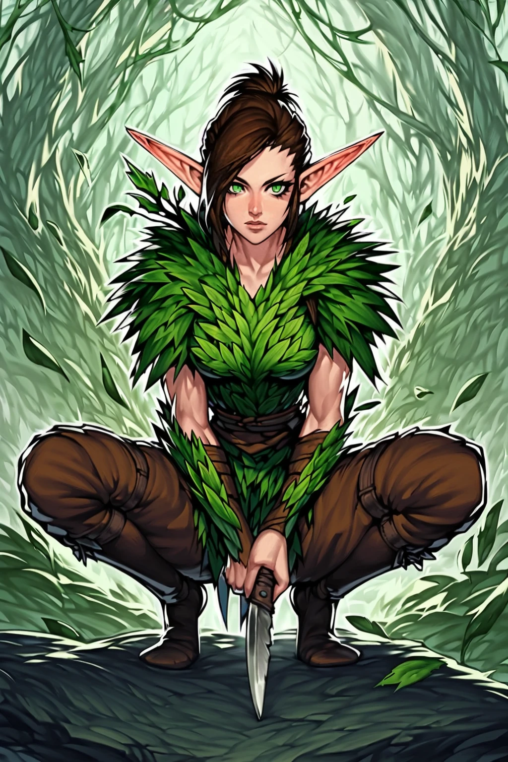 <lora:anime_mtg:1>1girl, mtg style, solo, holding weapon, magic the gathering, long ears, green leaf armor, short tomboy hair, athletic build, medium beasts, green eyes, squatting in a tree branchm, long pointy ears, elf ears,, , source_anime, score_7_up, score_8_up,. knife, brown hair, tattos,