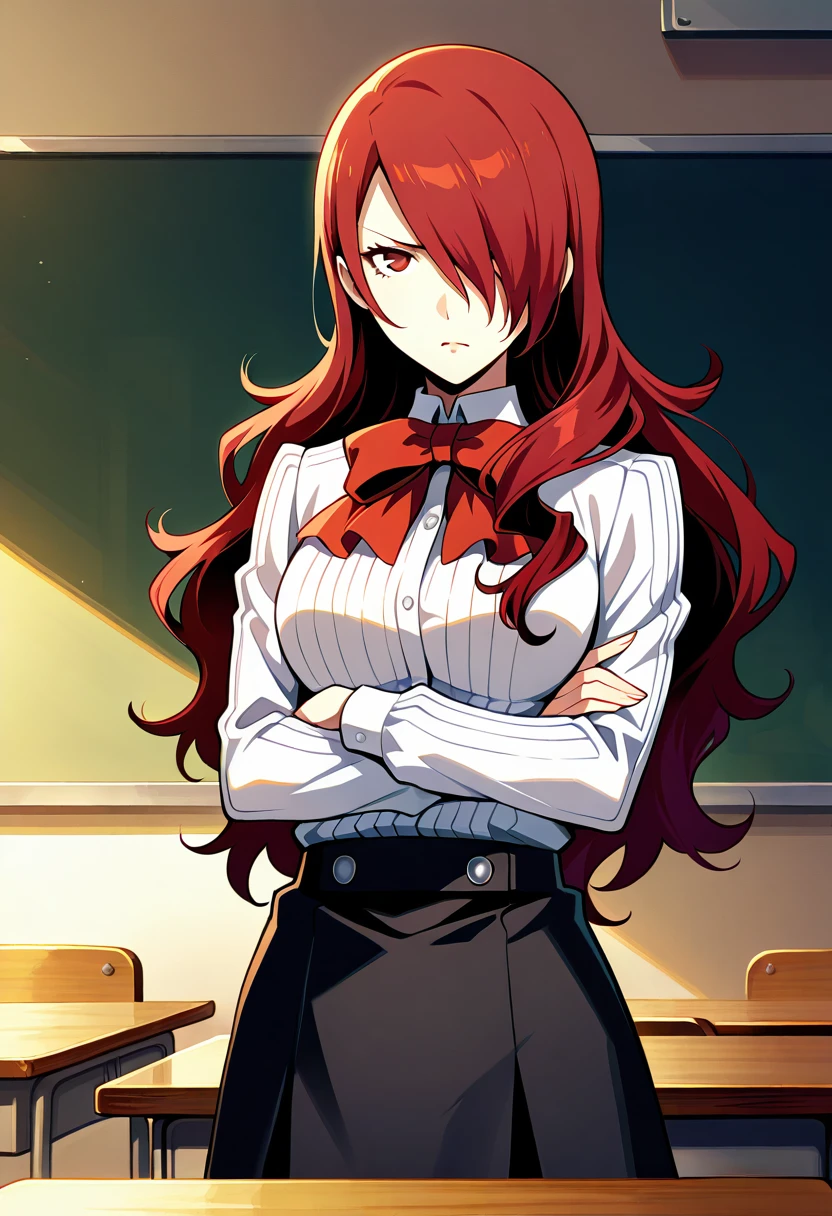 1 girl, solo, cute face,
p3mitsuru, long hair, hair over one eye, white shirt, red bowtie, black skirt, gekkoukan high school uniform, 
arms crossed, (scowl:0.8), looking at viewer,
indoors, classroom,
masterpiece, best quality, ultra detailed,