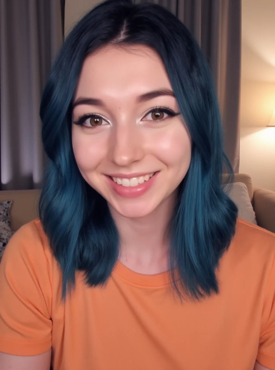 RAW closeup photo of y0ur_d3sss3rt woman, smile happy, wearing a light orange tshirt, in a living room, detailed face, natural lighting, highly detailed, absurdres, sexy, blue hair

