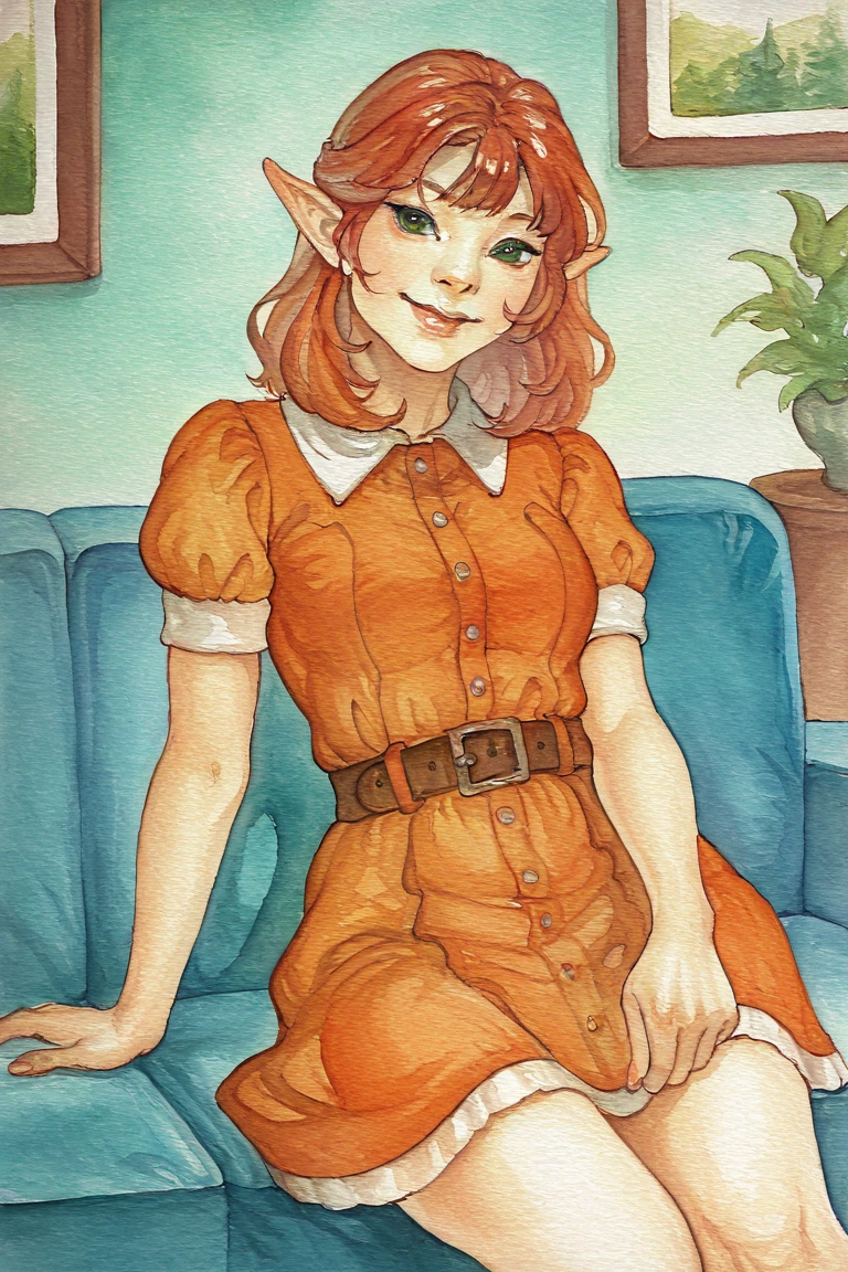 masterpiece, best quality, highres, newest, traditional media, realistic, watercolor \(medium\), elf, pointy ears, red hair, medium hair, green eyes, orange dress, collared dress, medium dress, short sleeves, smile, 1girl, solo, looking at viewer, cowboy shot, sitting, on couch, blue couch, indoors, living room <lora:OIS - Gold Fish [LoRA] - NoobAI-XL EPS 1.0:0.8>