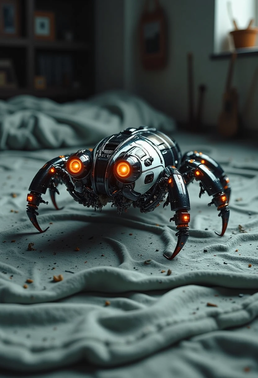 YFG-Zaat centipede with bright orange glowing eyes, a segmented, glossy black body, and sharp, metallic legs, crawling on a crumpled blanket in a dim room, the intricate details of its mechanical design emphasized, creating a visually arresting and unsettling image with a contrast between the artificial with intricate textures and vibrant colors. The scene should include a rich variety of elements, each contributing to the overall atmosphere. Lighting should be soft, diffused, and natural, enhancing the depth and realism of the scene. The mood is to be calm yet vibrant, creating a sense of serenity and wonder. Every detail in the scene should be meticulously rendered, emphasizing the contrast between light and shadow, and capturing the fine textures and subtle gradients. The color palette should be carefully chosen to evoke emotion, with each hue enhancing the aesthetic appeal of the overall composition. The final image should be immersive and captivating, drawing the viewer into its intricately detailed world.