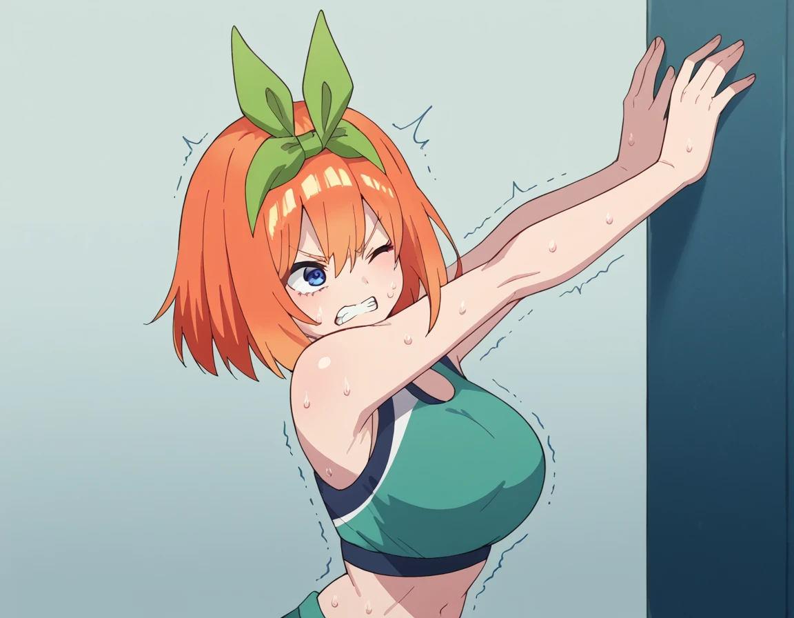 score_9, score_8_up, score_7_up, source_anime, <lora:yotsuba-nakano-s2-ponyxl-lora-nochekaiser:1>, yotsuba nakano, bangs, short hair, blue eyes, hair between eyes, hair ribbon, hairband, orange hair, green ribbon, large breasts,, <lora:pushing-ponyxl-lora-nochekaiser:1>, pushing, stretching, outstretched arms, against wall, from side, struggling, trembling, clenched teeth, sweat, exercise, one eye closed, sports bra, sportswear, midriff, navel, shorts, solo,