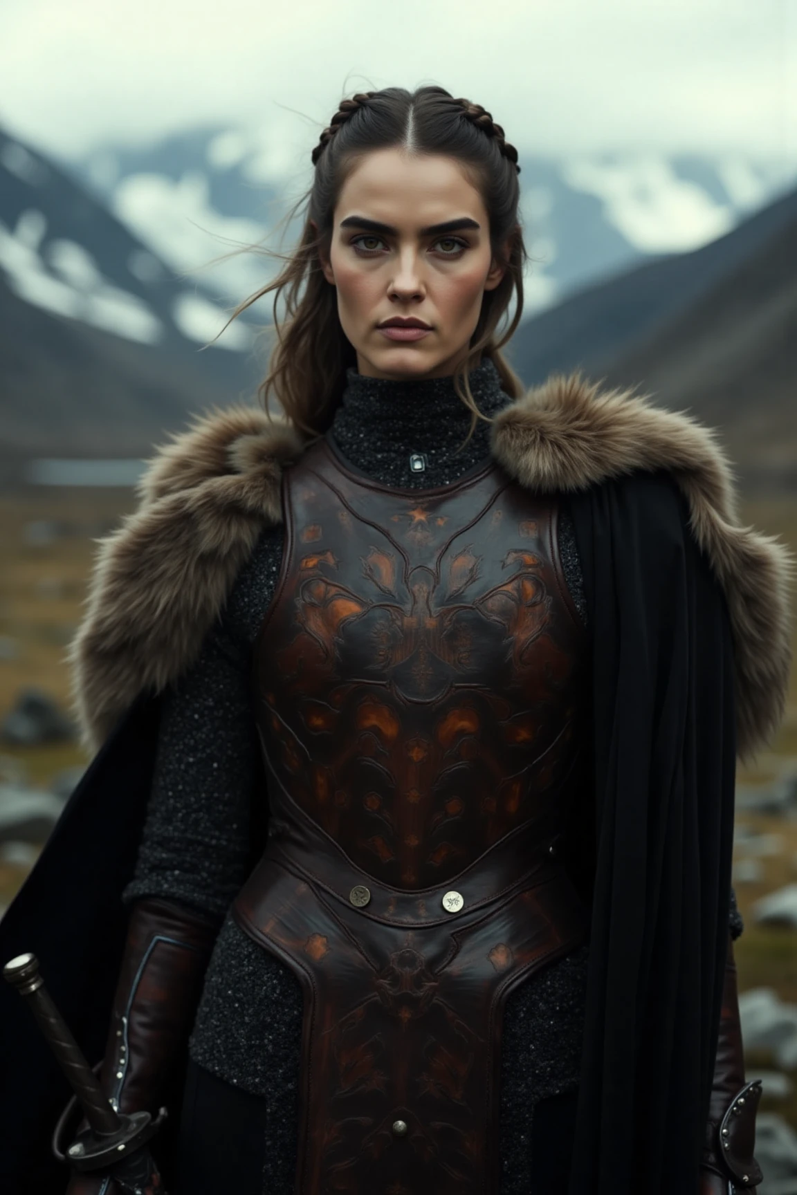 Create a hyper-realistic portrait of a regal woman inspired by the "Game of Thrones" aesthetic, but dressed in battle-ready attire. She stands in a windswept mountain pass, her armor gleaming under the muted sunlight. Her outfit combines elegance with practicality: a fitted leather cuirass adorned with intricate carvings of wolves and stars, layered over chainmail. A dark cloak with a fur-trimmed collar billows behind her, hinting at her noble lineage. Her hair is tied back in a loose braid, with small strands framing her strong, determined face. She carries a finely crafted longsword at her side, its hilt encrusted with subtle gemstones. Her piercing gaze reflects both beauty and unyielding strength. The scene is detailed with rugged terrain, distant snow-capped peaks, and the faint howl of the wind, evoking an air of mystery and power