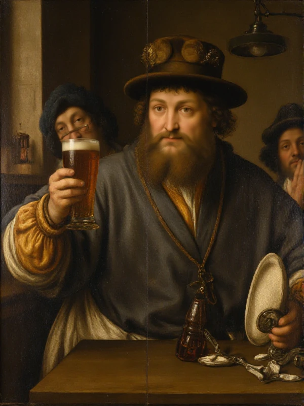 <lora:Renaissance Style:0.9> renaissance style painting of a man holding a beer in a pub