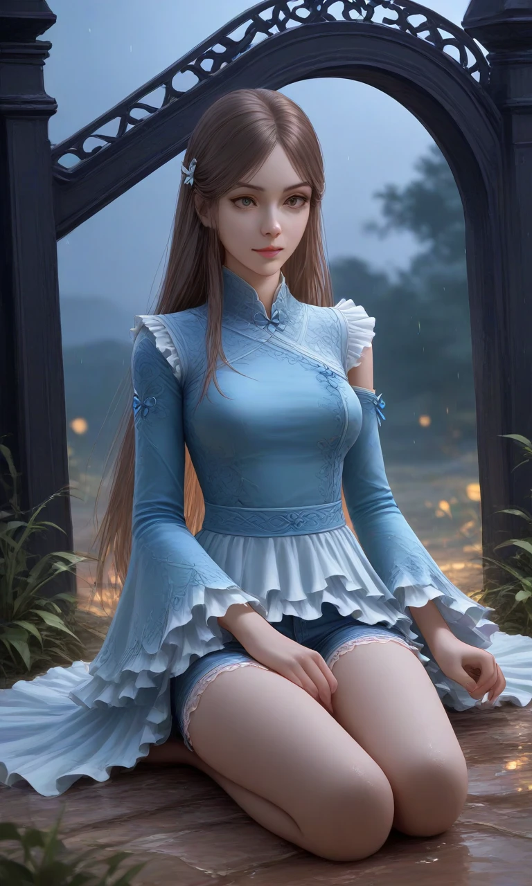 hyper realistic, a woman looking down outside the gate, the rain is pouring down while the moonlight is overlapped by clouds, there are weeds on the ground, and the darkness envelops everything giving a melancholic feeling,1girl, light blue outfit, ruffled sleeves, floral patterns, short shorts, layered skirt design, intricate embroidery, delicate lace details