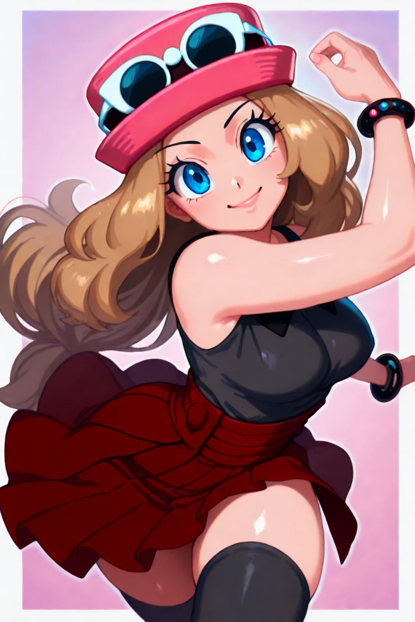 masterpiece, best quality, 1girl, solo, beautiful eyes, zzSerena, solo, long hair, blue eyes, eyewear on headwear, pink headwear, eyelashes, sleeveless shirt, black shirt, bracelet, high-waist skirt, red skirt, black thighhighs,  <lora:SerenaPokemonIXL_v2:1.0>,   <lora:TangobatIXL_v1:1.0>, from above, dynamic pose, cowboy shot, smile, looking at viewer, shiny skin,