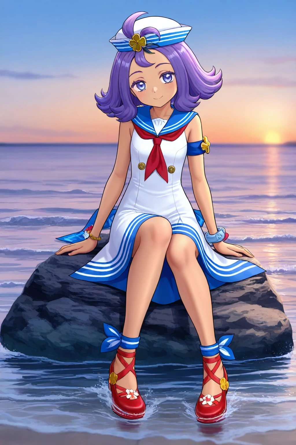 [hinosaki, yewang19, leveen, s_zenith_lee], (1girl), solo, sitting, on rock, sea, feet_in_water, smile, [acerola_\(pokemon\)], medium_hair, purple_hair, purple_eyes, sailor_hat, white_hat, sleeveless_dress, white_dress, armlet, bracelet, red_neckerchief, sailor_collar, shoes, red_footwear official_alternate_costume, , masterpiece,amazing quality, very aesthetic, high resolution ,ultra-detailed, absurdres, newest