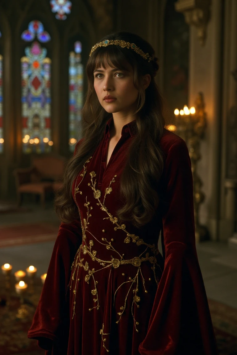 Create a hyper-realistic portrait of a stunningly beautiful actress in a "Game of Thrones" inspired setting. She is dressed in an exquisite gown made of velvet, embroidered with gold thread in the shape of vines and leaves, symbolizing her connection to nature and royalty. The gown features a high collar and flowing bell sleeves, with a subtle shimmer catching the ambient light. A delicate golden crown rests atop her intricate dark hair, adorned with small emeralds that sparkle faintly. She stands in a grand stone hall, with towering stained glass windows casting colorful reflections around her. Her expression is calm yet commanding, her piercing eyes capturing both grace and quiet power. The atmosphere is rich with detail, from the flickering torches on the walls to the intricate tapestries depicting tales of old hanging in the background.,sophiemflx