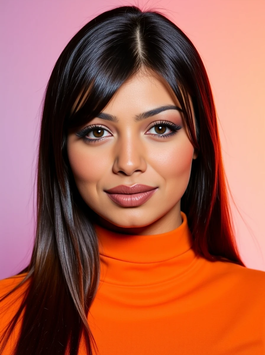 headshot photo of Ayesha Takia woman,hyper realistic candid photo  serious,studio quality, wearing intricate conservative turtleneck Orange Sharara Suit, straight hair, pastel shaded multicolored background, cinematic lighting<lora:TestBed\Ayesha_Takia_Flux_Kohya_LoRA_v1-000005.safetensors:1.0:1.0>