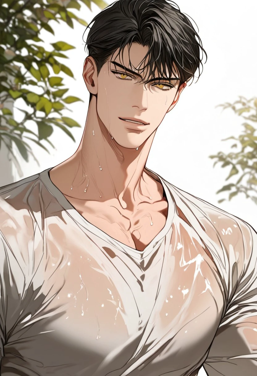 Black_j, yaoi, blmanhwa, score_9, score_8_up, score_7_up , hyper realistic skin texture, handsome, 1boy, solo, male focus, muscular, black hair, short hair, slick back, yellow eyes,  sexy, lewd, seductive, wet clothes, outside,