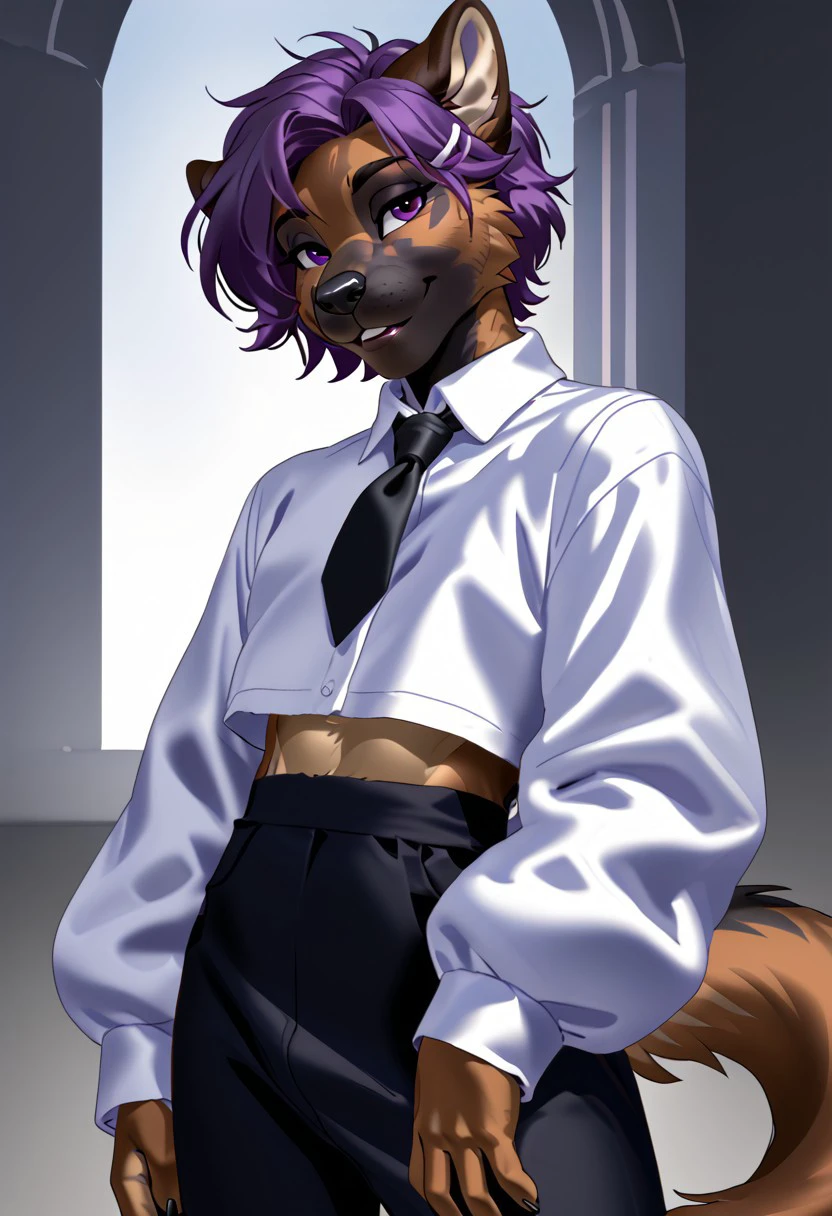 score_9, score_8_up, score_7_up, (by kittydee:1.5), (by jailbird:1.5), (by zummeng:1.5), masterpiece, best quality,
(Furry Art : Anthro : Belgian Malinois:1.5), femboy, expressive eyes, feminine eyes, large irises, aroused, perfect face, feminine face, (beautiful purple hair), (short hair:1.5), purple eyes, dog, canine, (black face fur:1.3), brown body fur, short length fur, pointy dog ears, crop top white button down shirt, black tie, short black dress pants, hair clip, femboy body, brown fur, flat chest, black nails,