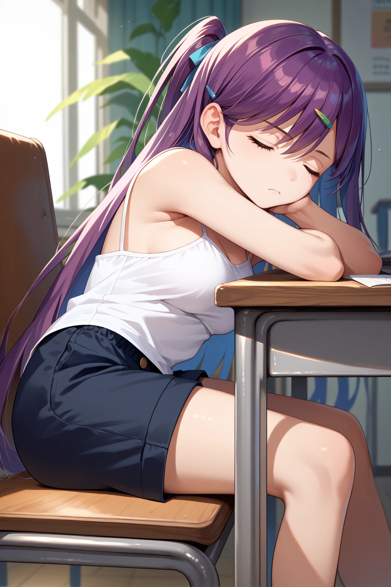 score_9, score_8_up, score_7_up, score_6_up, source_anime, 1girl, solo, <lora:kamuromasumi-pdxl-nvwls-v1_1-000005:1> hskamuro, one side up, purple hair, long hair, hairclip, white camisole, medium breasts, black shorts, sitting, desk, chair, head rest, sleeping, closed eyes, tired