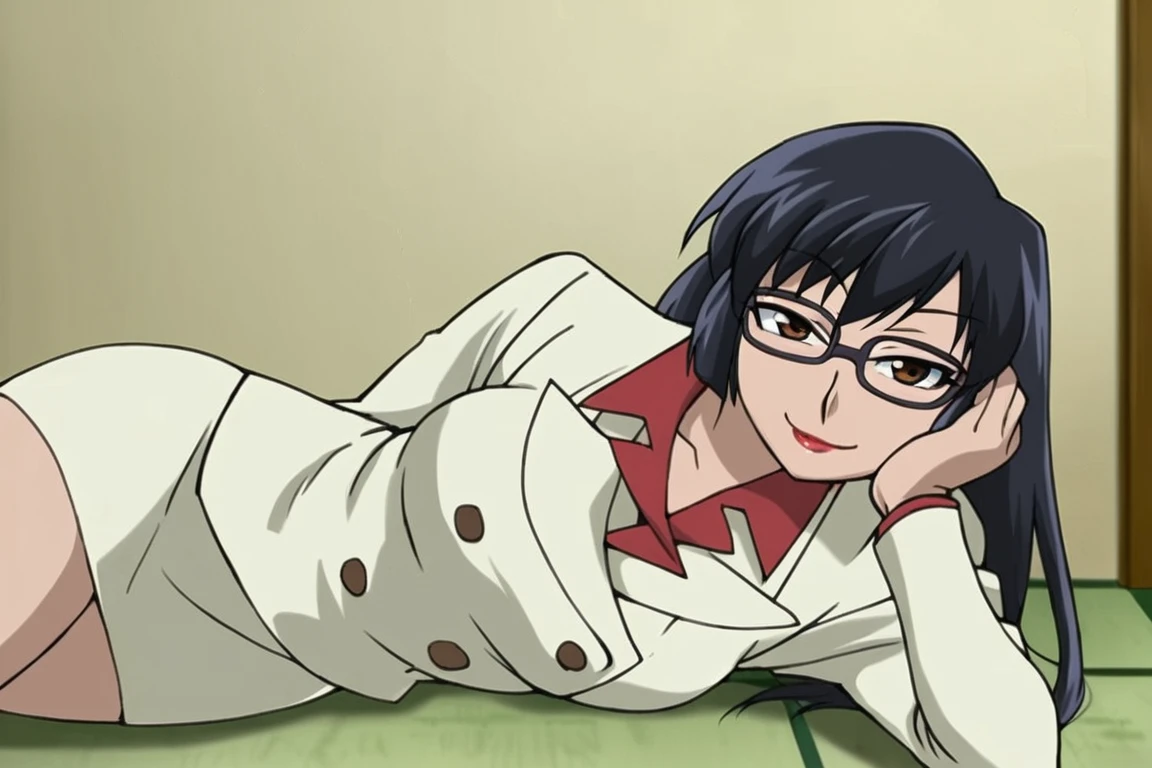 score_9, score_8_up, score_7_up, 1girl, solo, s4w4mur4MT, black hair, long hair, glasses, brown eyes, formal, buttons, skirt suit, looking at viewer, smile, half-closed eyes, lipstick, on side, thighs, head rest, indoors