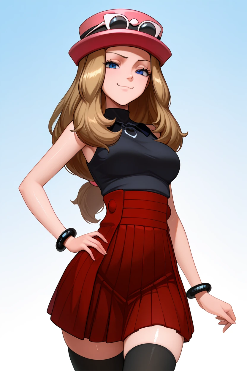 masterpiece, best quality, 1girl, solo, beautiful eyes, zzSerena, solo, long hair, blue eyes, eyewear on headwear, pink headwear, eyelashes, sleeveless shirt, black shirt, bracelet, high-waist skirt, red skirt, black thighhighs,  <lora:SerenaPokemonIXL_v2:1.0>,   <lora:TarakanovichIXL_v2:1.0>, cowboy shot, hand on hip, smug, smile, looking at viewer, shiny skin,